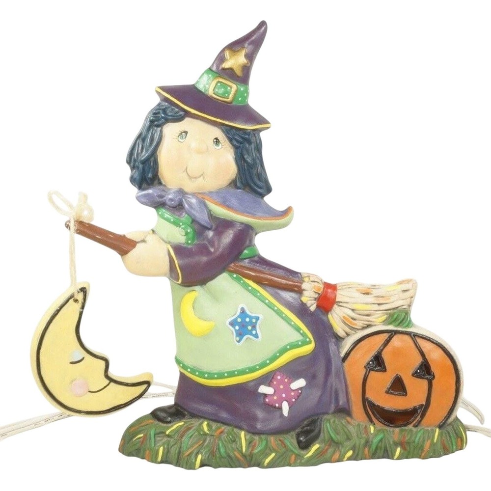 Witch Hand Painted Ceramic with Flashing Jack O Lantern Moon Broomstick Vintage